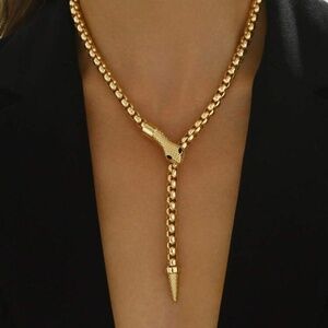 Gold Lariat Snake Head Drop Necklace